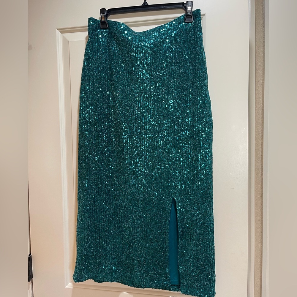 Anthropologie Maeve Teal Sequin Midi Skirt